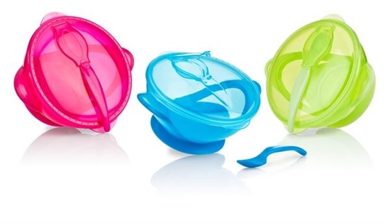 mo BPA Free Assorted New Snap In Spoon Nuby Easy Go 6 3 Sets Suction Bowl Lid 